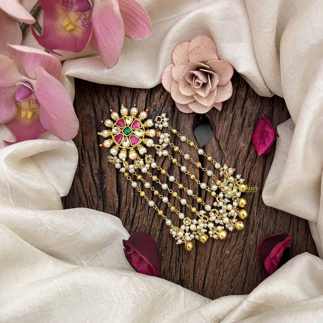 Vriksham Floral Design Multi Color Jada Billai- Red White & Green-Pearls & Gold Bead Drop Lines-G21026