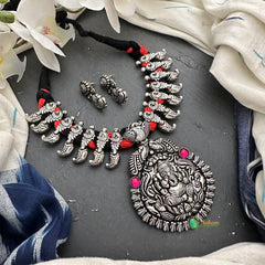 Premium Oxidized Ganpati Pendant Neckpiece-Black Red Thread-S842