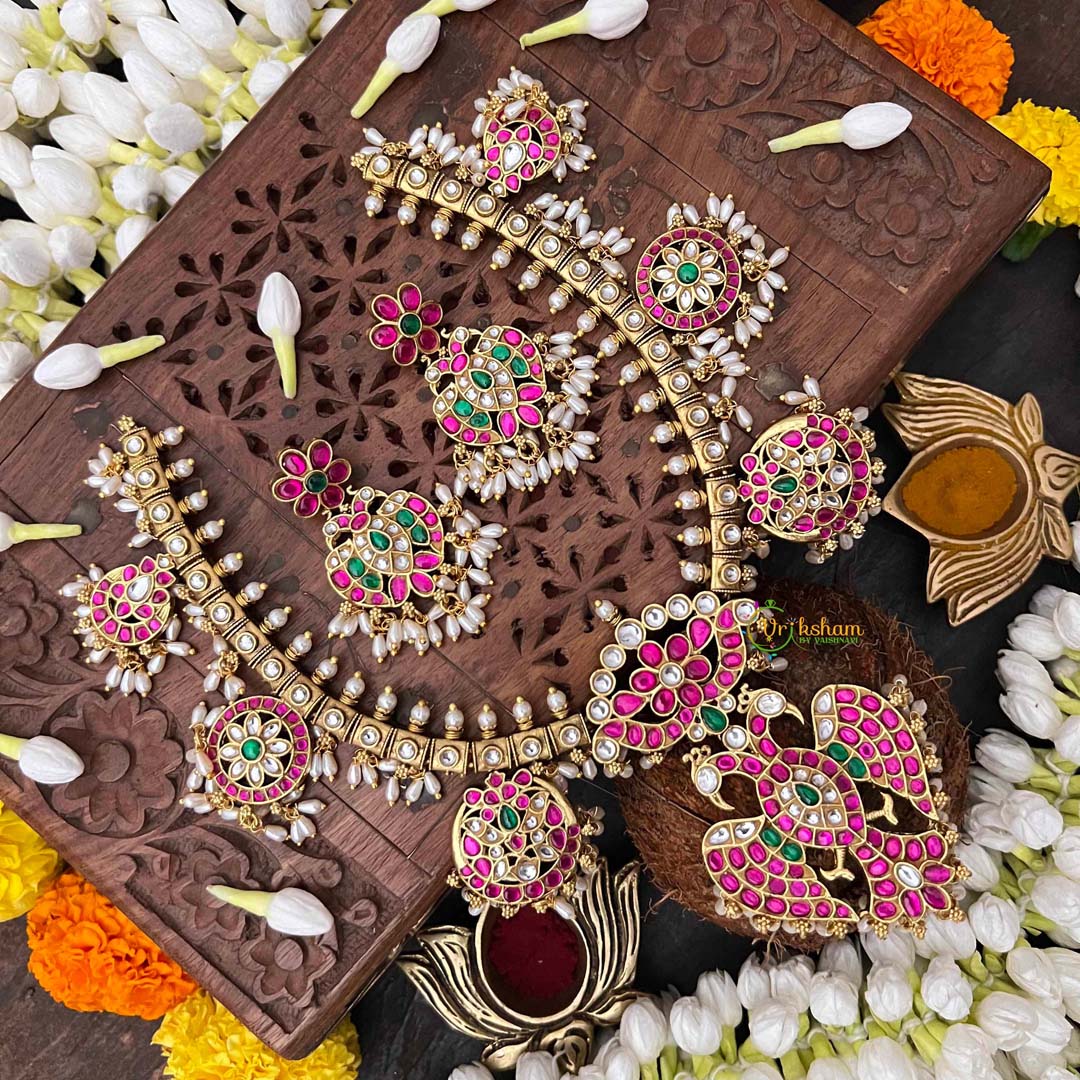 Vriksham Antique Nakshi Gandaberund Kundan Jadau Guttapusalu Short Neckpiece-Rice Pearls-J4114