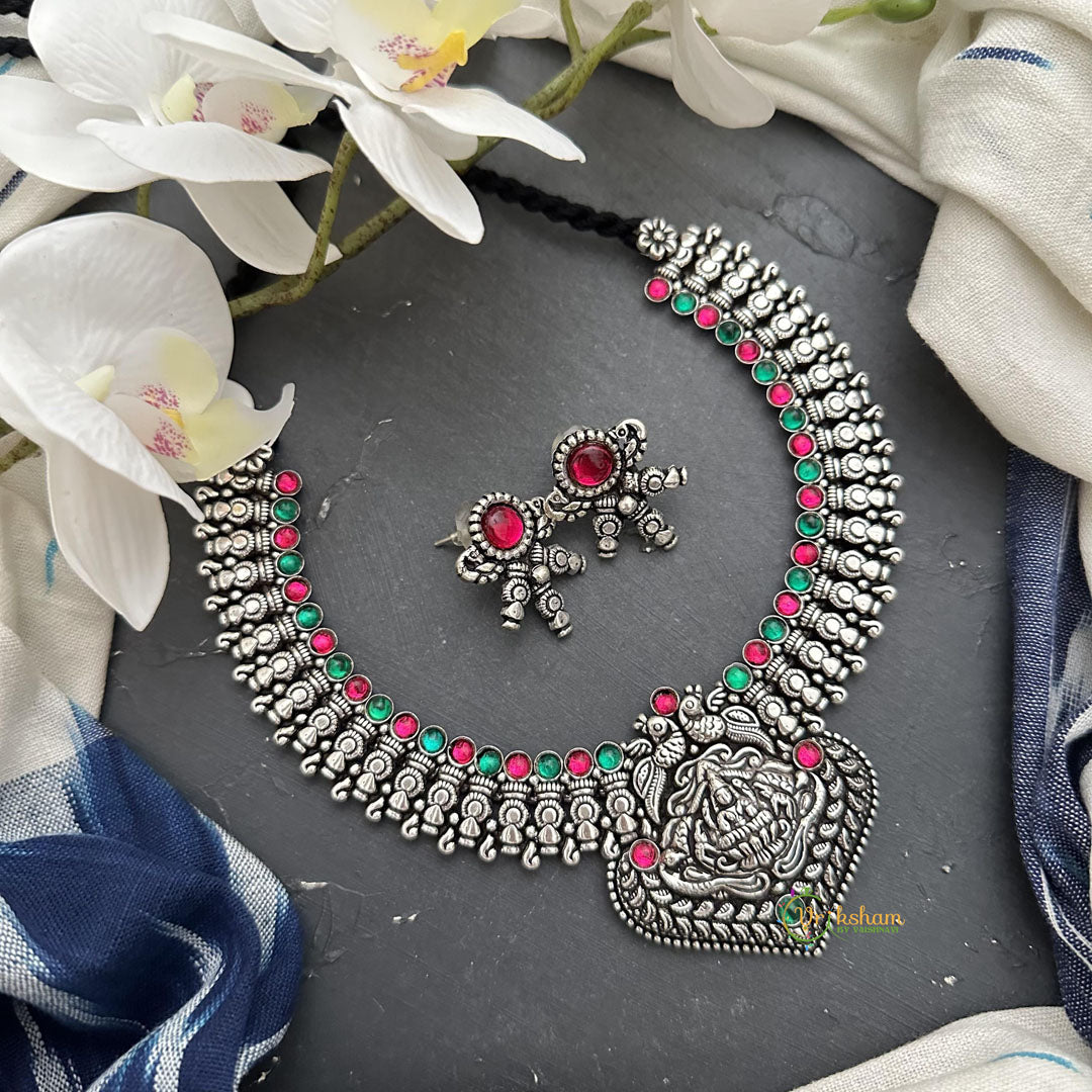 Oxidized Red Green Stone Lakshmi Neckpiece-S818