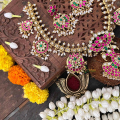 Vriksham Antique Nakshi Gandaberund Kundan Jadau Guttapusalu Short Neckpiece-Rice Pearls-J4114