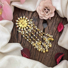 Vriksham Floral Design Multi Color Jada Billai- Red White & Green-Pearls & Gold Bead Drop Lines-G21026