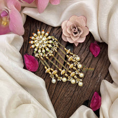 Vriksham Floral Design Orange Green Bead Jada Billai- White-Pearls Line Drop-G21023