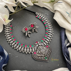 Oxidized Red Green Stone Lakshmi Neckpiece-S818