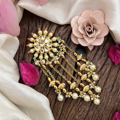 Vriksham Floral Design Orange Green Bead Jada Billai- White-Pearls Line Drop-G21023