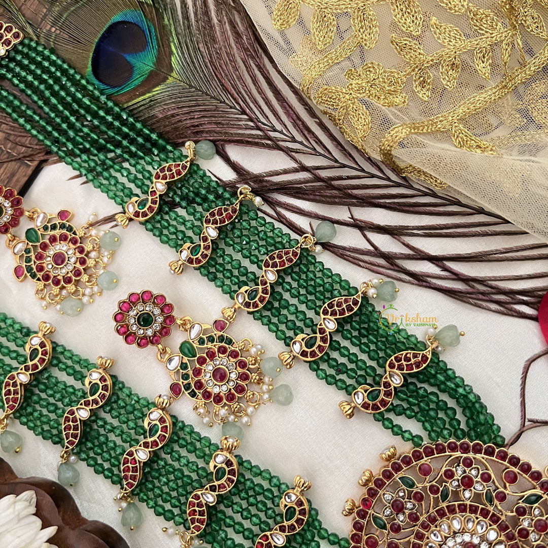 Vriksham Peacock Design green Beaded Necklace-Aqua Green Bead-G19130