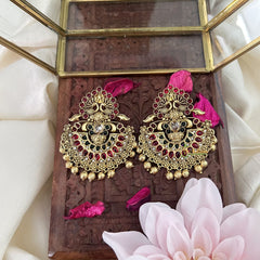 Vriksham Antique Dual Peacock Chand Bali Style Earring-Red Green-Gold Bead-G18228