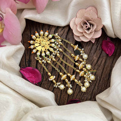 Vriksham Floral Design Orange Green Bead Jada Billai- White-Pearls Line Drop-G21023