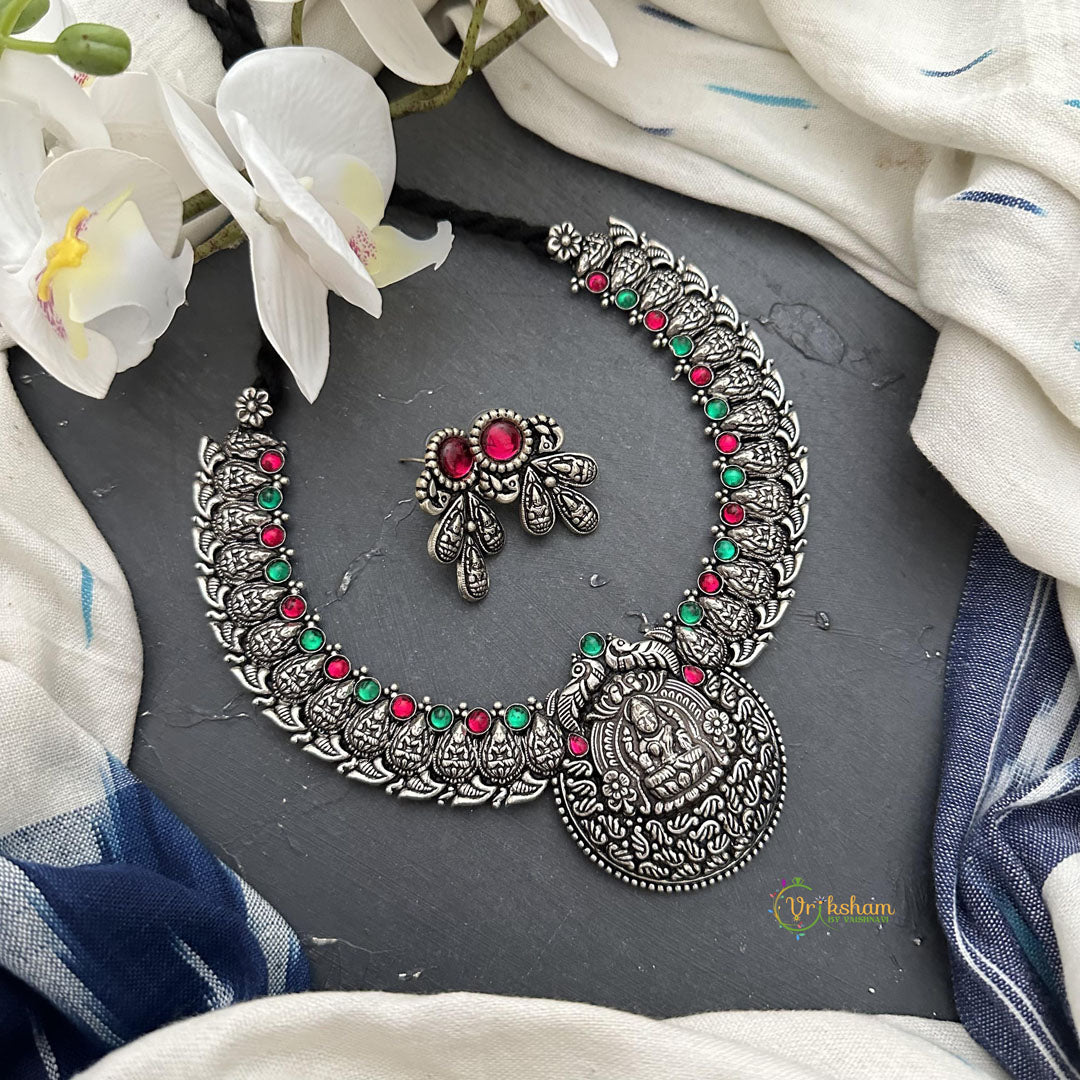 Silver Polish Red Green Stone Lakshmi Neckpiece-S815