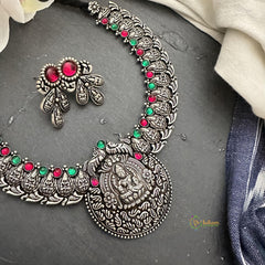 Silver Polish Red Green Stone Lakshmi Neckpiece-S815