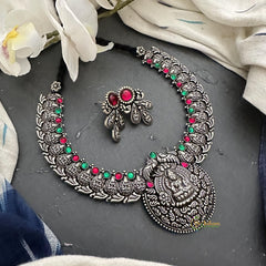 Silver Polish Red Green Stone Lakshmi Neckpiece-S815