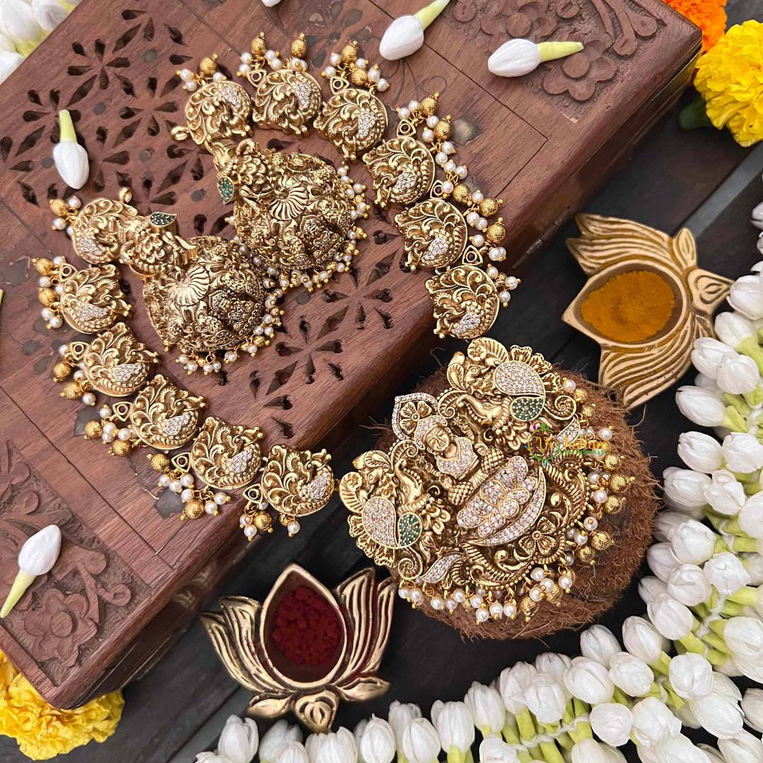Vriksham Goddess Lakshmi & Peacock AD Diamond Short Neckpiece-Red Green-Gold Bead & Pearls-G21507