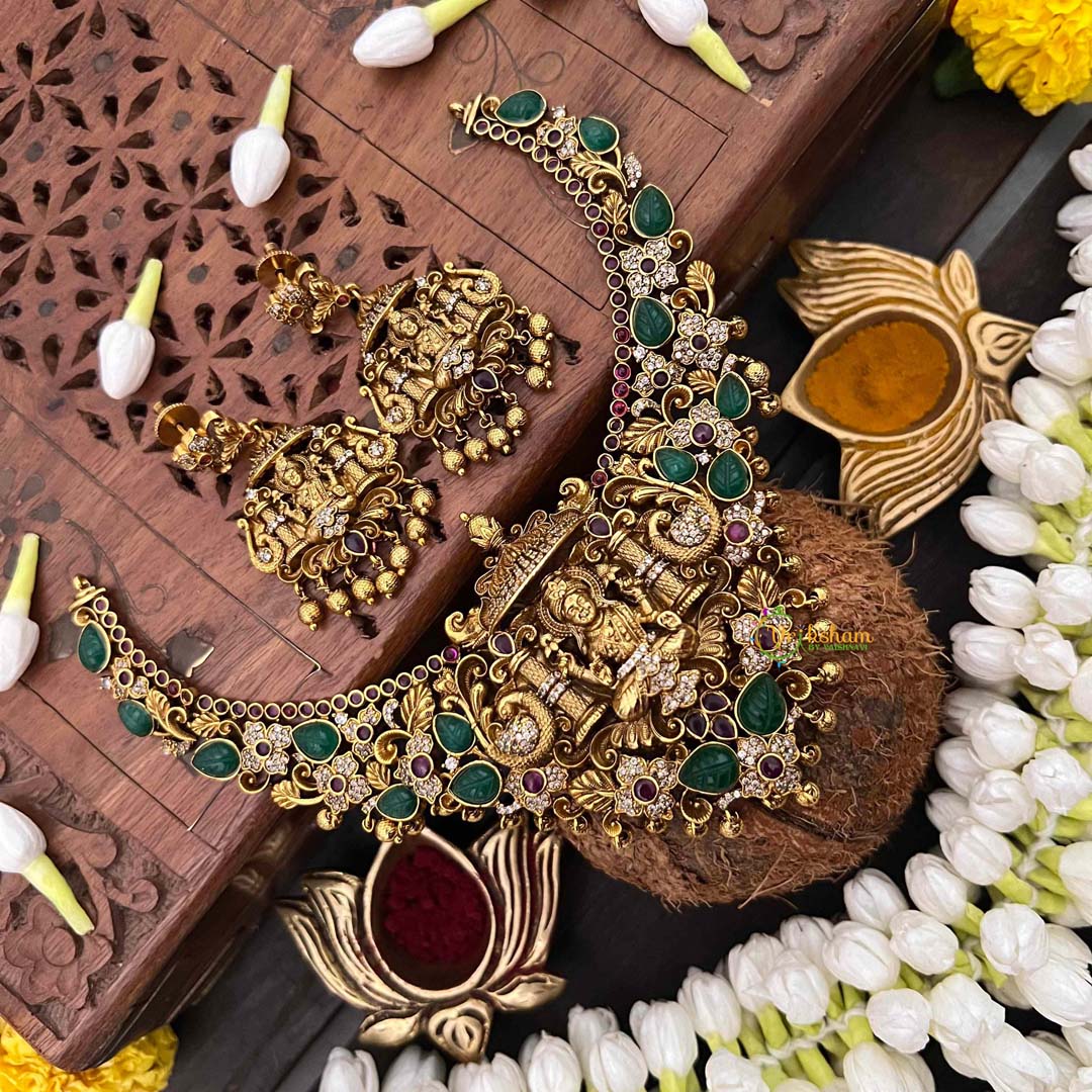 Vriksham Classic Lakshmi AD Stone Gold Bead & Green Red Accents Short Neckpiece-G21508