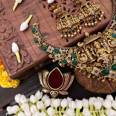 Vriksham Classic Lakshmi AD Stone Gold Bead & Green Red Accents Short Neckpiece-G21508