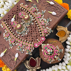 Vriksham Classic Floral Kundan Jadau Guttapusalu Short Neckpiece-Green Bead & Rice Pearls-J4113