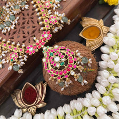 Vriksham Classic Floral Kundan Jadau Guttapusalu Short Neckpiece-Green Bead & Rice Pearls-J4113