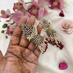 Vriksham Classic Pear Shape AD Silver Dome Jhumka Earrings-Rice Pearls-Red Bead-G20800