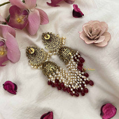 Vriksham Classic Pear Shape AD Silver Dome Jhumka Earrings-Rice Pearls-Red Bead-G20800