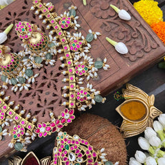 Vriksham Classic Floral Kundan Jadau Guttapusalu Short Neckpiece-Green Bead & Rice Pearls-J4113