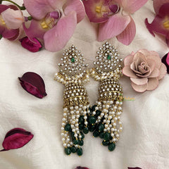 Vriksham Classic Pear Shape AD Silver Dome Jhumka Earrings-Rice Pearls-Green Bead-G20799