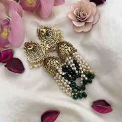 Vriksham Classic Pear Shape AD Silver Dome Jhumka Earrings-Rice Pearls-Green Bead-G20799