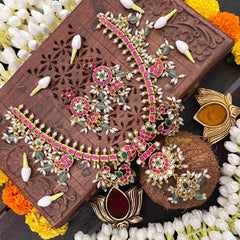 Vriksham  Antique Floral Gold With Mango Motifs & Pearl Kundan Jadau Guttapusalu Short Neckpiece-Green Bead & Rice Pearls-J4112