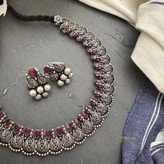 Premium Oxidized Maroon Stone Neckpiece-S844