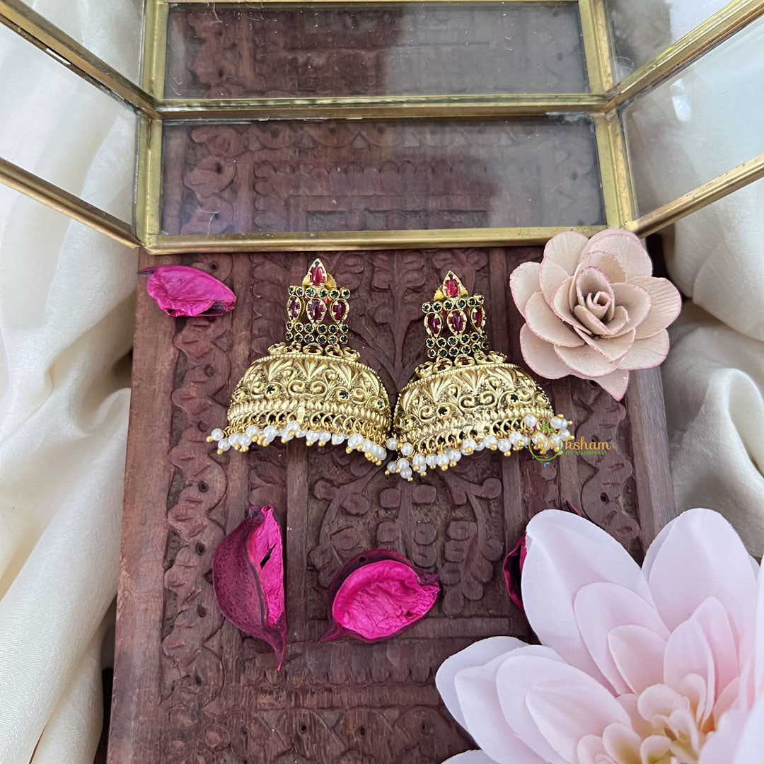 Vriksham Fancy Gold Look Alike AD Stone Jhumkas-Red Green-Pearls-G12050
