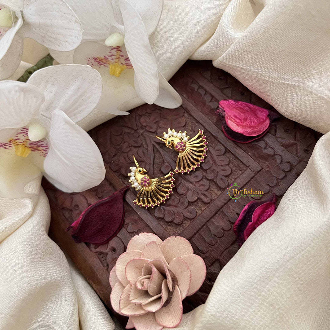 Vriksham Peacock Feather Style Pearls Detailing Press Bugadi-Red Green-G21030