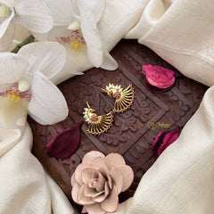 Vriksham Peacock Feather Style Pearls Detailing Press Bugadi-Red Green-G21030