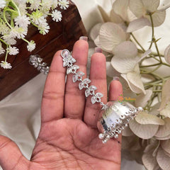 Vriksham Elegant Silver-Plated Kundan Leaf Jhumkas & Pearl Accents Earrings -G22086