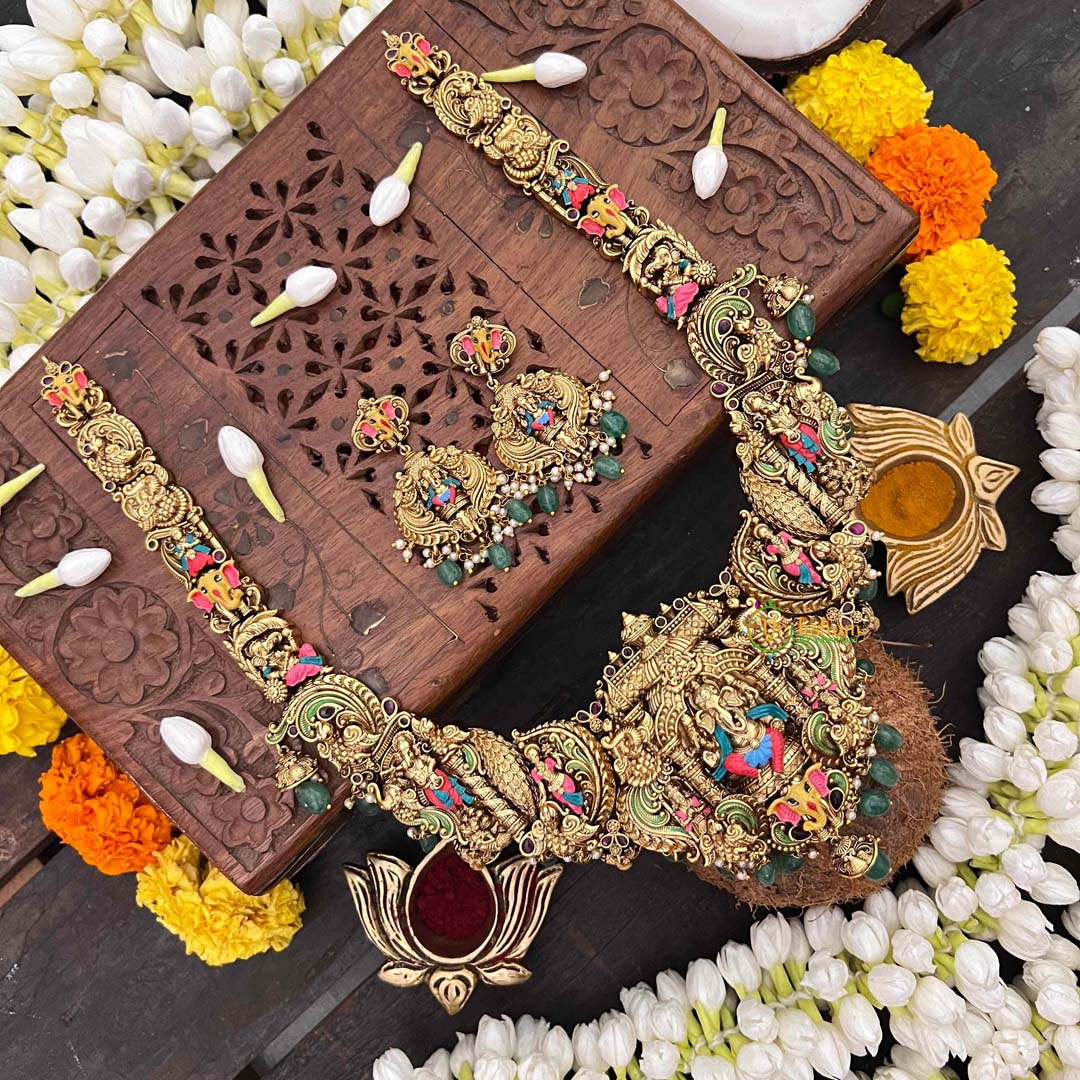 Vriksham Lord Ganesha Traditional Indian Bridal Hand-Painted Enamel & Green Bead Accents Long Neckpiece-G21492