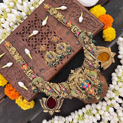 Vriksham Lord Ganesha Traditional Indian Bridal Hand-Painted Enamel & Green Bead Accents Long Neckpiece-G21492