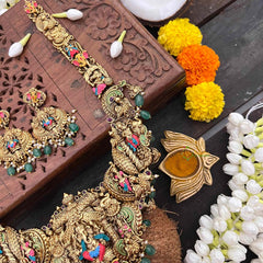 Vriksham Lord Ganesha Traditional Indian Bridal Hand-Painted Enamel & Green Bead Accents Long Neckpiece-G21492
