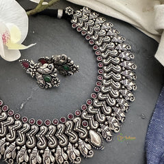 Oxidized Silver Polish Ganpati Neckpiece-Red-S841