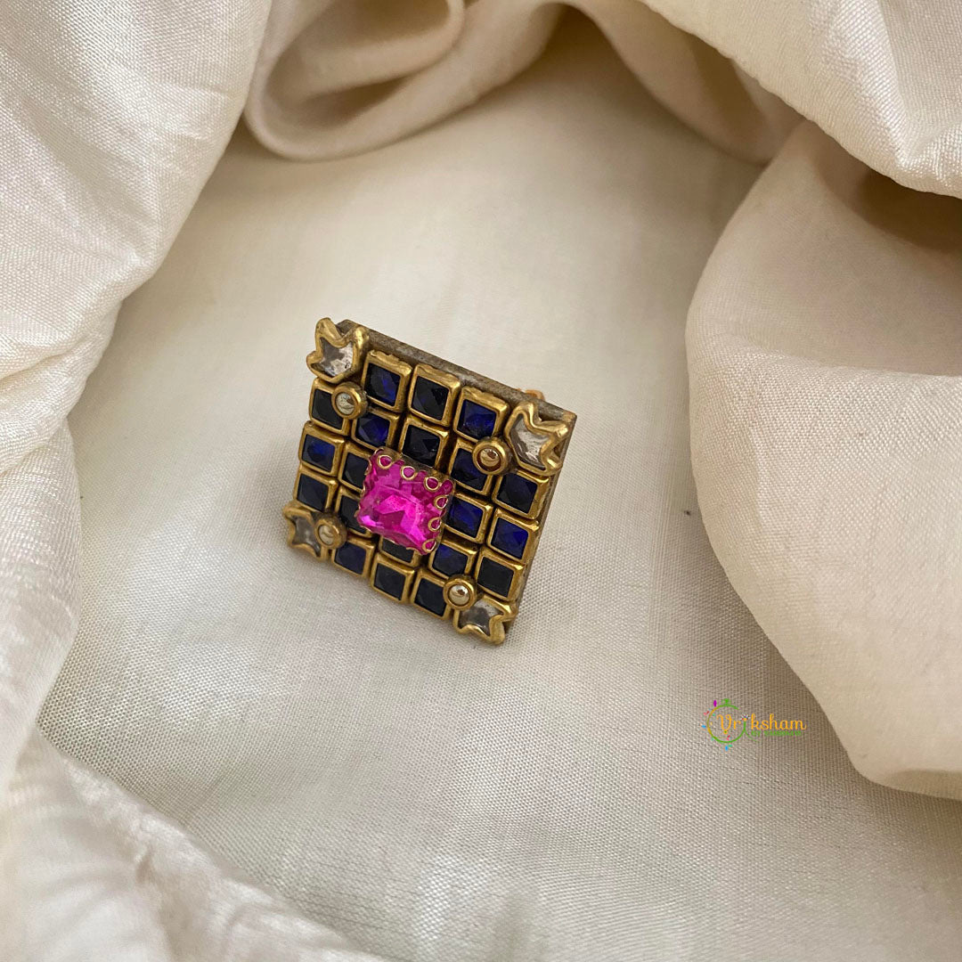 Dark Blue, Pink Square Kundan Pendant Ring-Diamond-H773