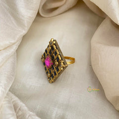 Dark Blue, Pink Square Kundan Pendant Ring-Diamond-H773