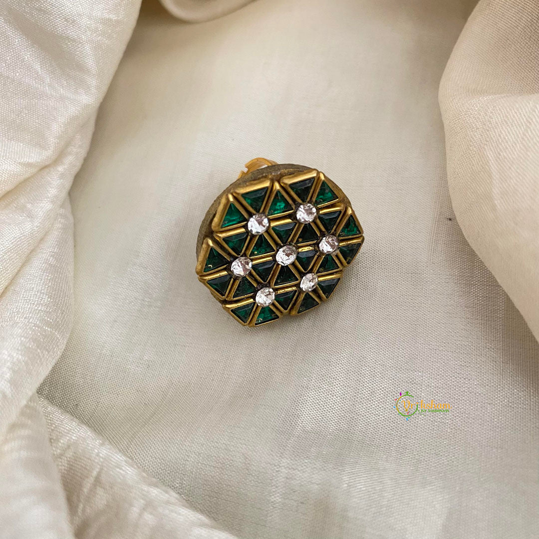 Dark Green Square Kundan Pendant Ring-Hexagon-H770