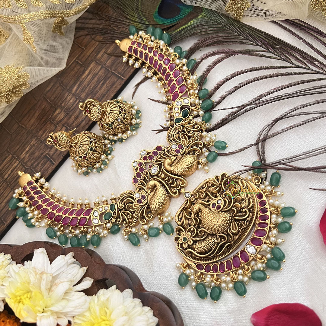 Vriksham Festive Peacock Designs Hasli Neckpiece-Green Bead-G19106