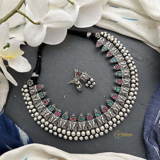 Red Green Stone Silver Polish Neckpiece-S838