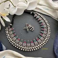 Red Green Stone Silver Polish Neckpiece-S838