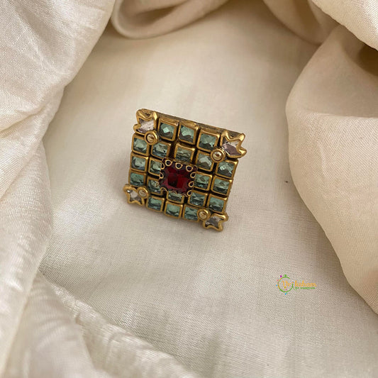 Ruby Red, Green Square Kundan Pendant Ring-Diamond-H772