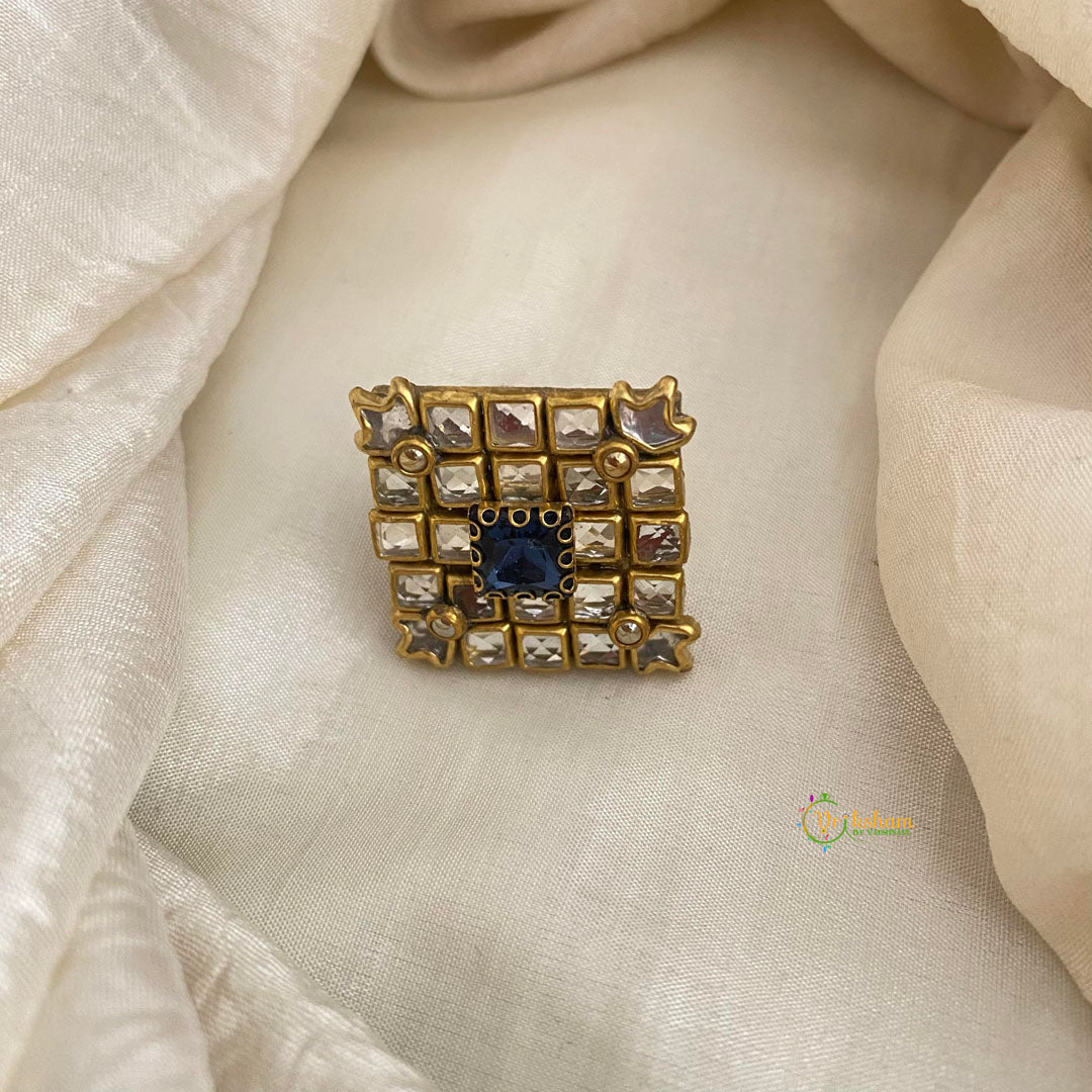 White Blue Square Kundan Pendant Ring-Diamond-H771