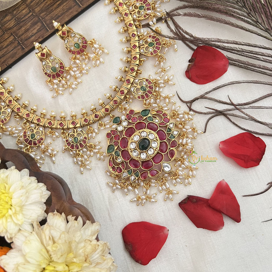 Vriksham Dual Peacock Pendant Guttapusalu Short Neckpiece-Rice Pearl-G19081