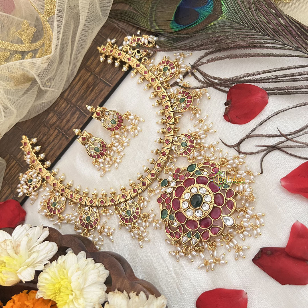 Vriksham Dual Peacock Pendant Guttapusalu Short Neckpiece-Rice Pearl-G19081