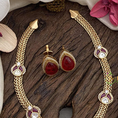 Vriksham Designer Mossanite Kundan Stone Short Neckpiece-Red-G16013