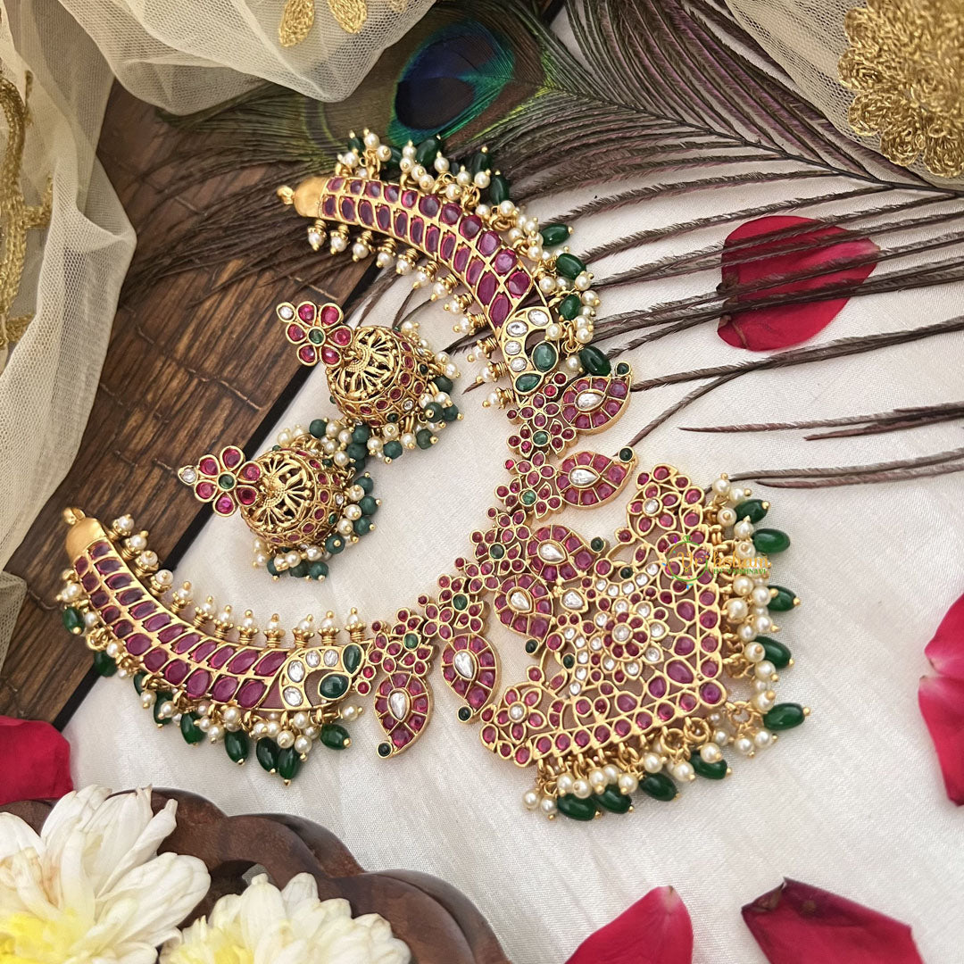 Vriksham Dual Peacock Pendant Hasli Style Short Neckpiece-Red, Green & White-Green Beads-G19085