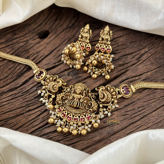 Elegant Lakshmi Pendant High Neck Choker-Red -Gold Bead and Pearl-G10443