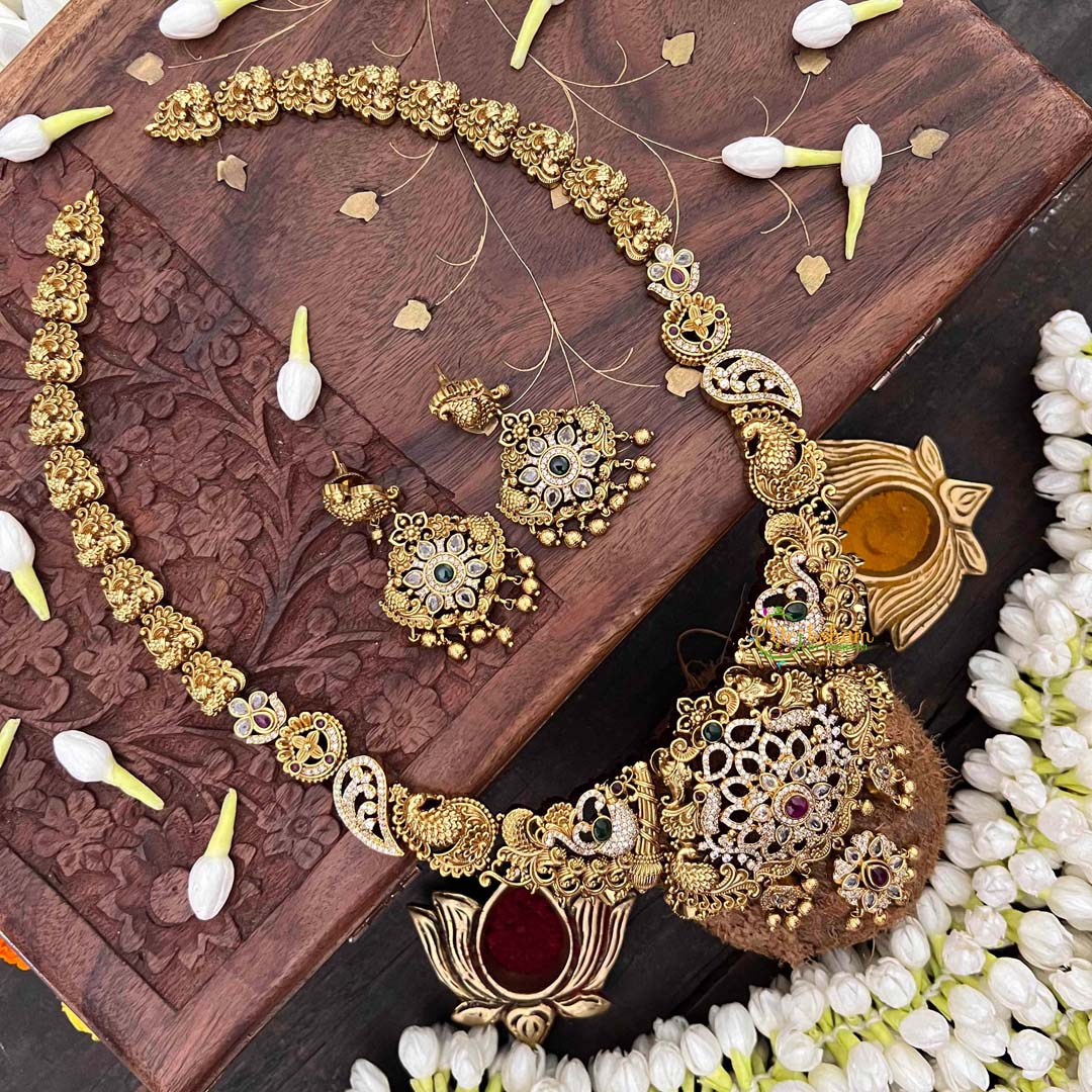 Vriksham Classic Peacock & Floral Gold Bead & Green Red Accents Long Neckpiece-G21497