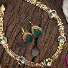 Vriksham Designer Mossanite Kundan Stone Short Neckpiece-Green-G16014